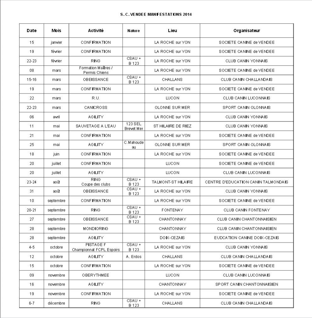 calendrier SCV 2014